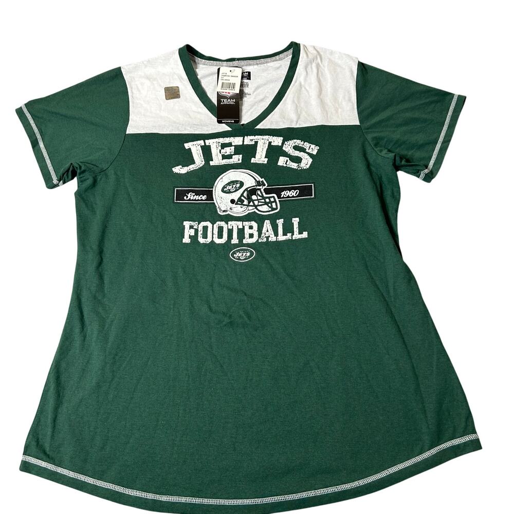New York Jets NFL Tee Womens 2XL Green Short Sleeve V Neck Tee Shirt NEW